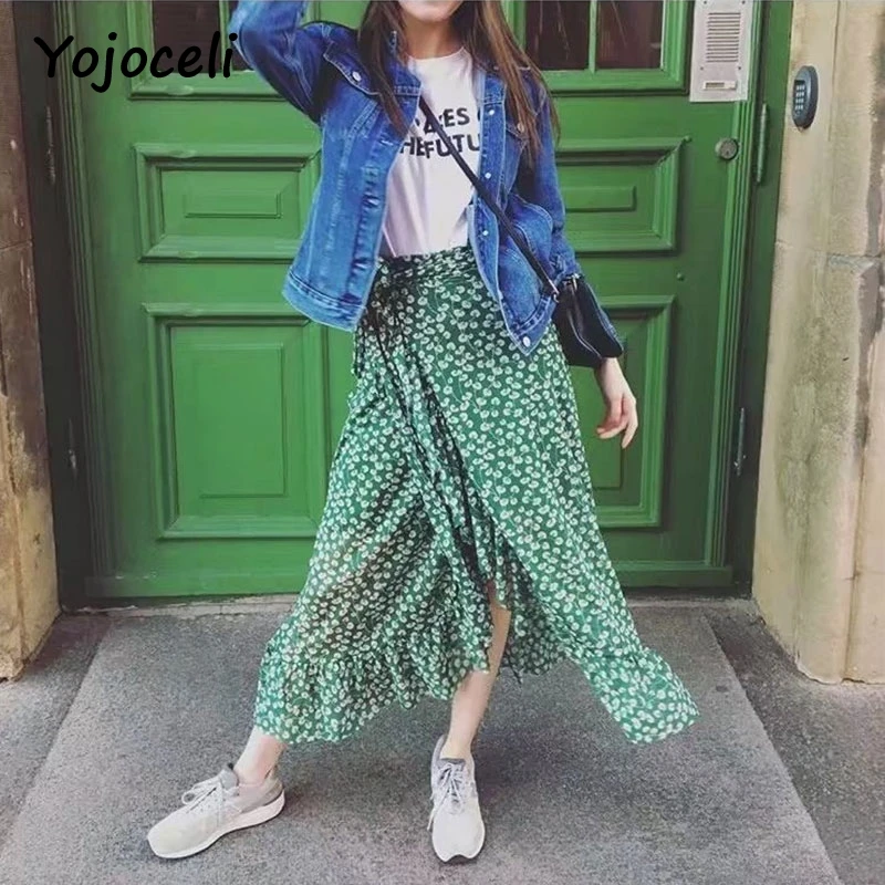 Женская шифоновая юбка Yojoceli зеленая повседневная с оборками и бантом высокой