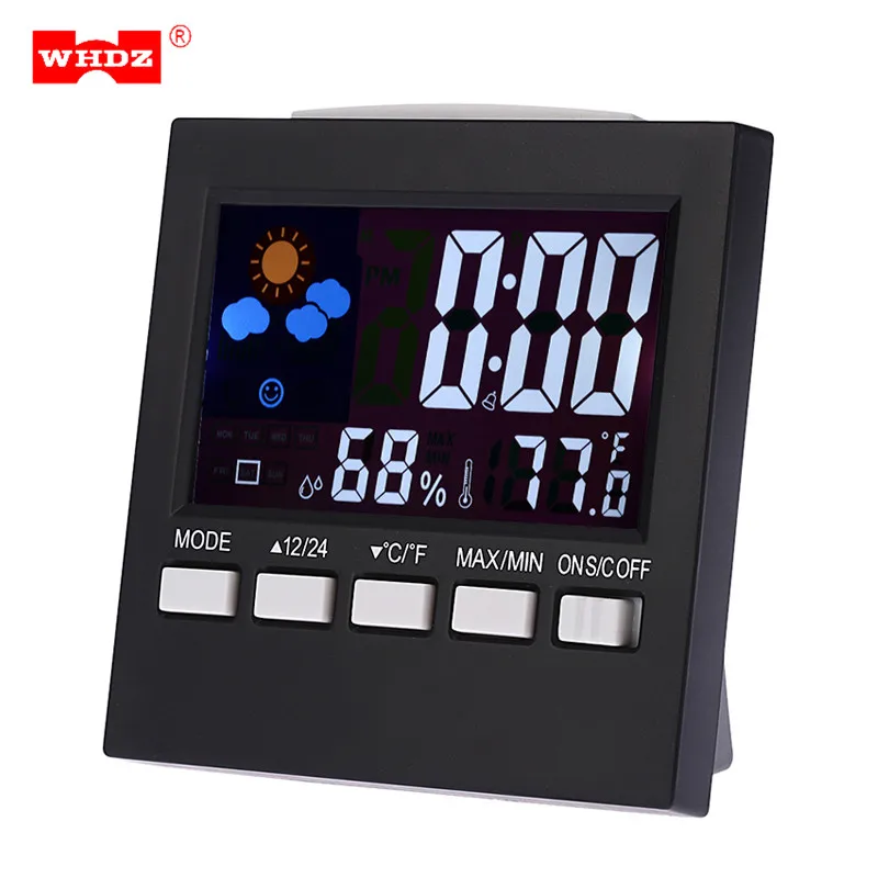 

Indoor Hygrometer Thermometer Colorful LCD Display Indicator Multifunction Home Digital Alarm Clock Temperature Humidity Monitor