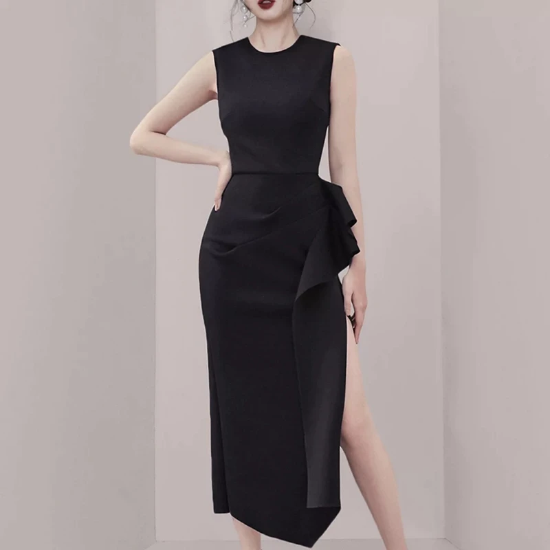 

HAMALIEL Sexy Women Irregula Party Dress Designer Summer Ruffles Split Black Sleeveless Long Bodycon Dress Fashion Tank Vestido