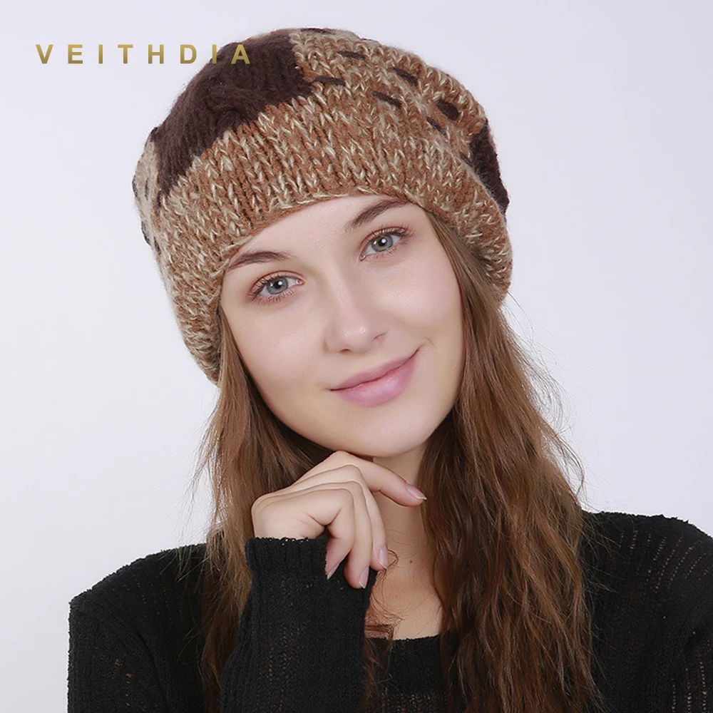 

VEITHDIA Handmade Women'S Skullies Beanies Hats Winter Warm Hats Fashion Cap Slouchy Classic Style with Rabbit hair ball