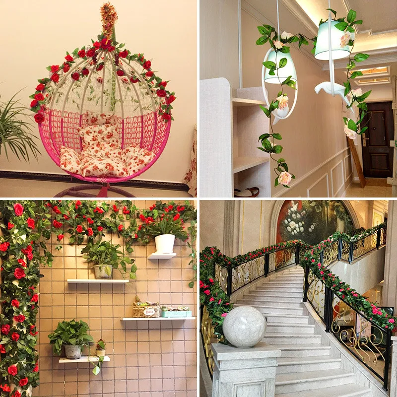 6colors 11Heads Fake Silk roses artificial flowers for wedding Green Leaves Silk Ivy wall Hanging Garland Wreath