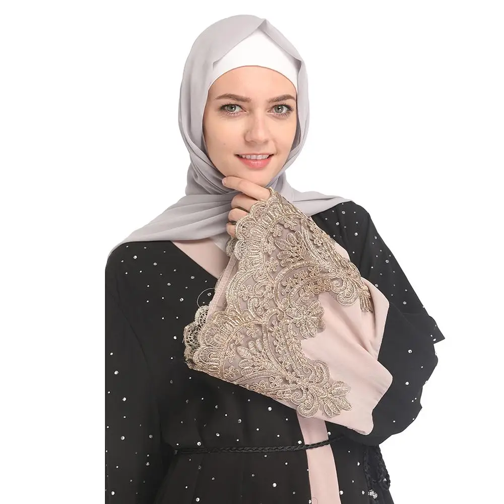 Для женщин напульсник с вышивкой длинное платье Абая мусульманских открытой передней кардиган Jilbab Исламская Bell Sleeve со стразами платье с