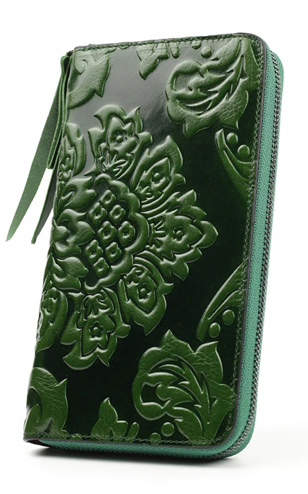 Гарантированный Премиум натуральная кожа тиснение цветок женские кошельки большой емкости кошельки женские многофункциональные кошельки - Цвет: Green