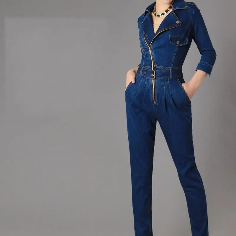 Роскошный высококачественный Модный женский комбинезон с молнией, Женский облегающий джинсовый комбинезон, джинсовый комбинезон с поясом, размеры s-xl