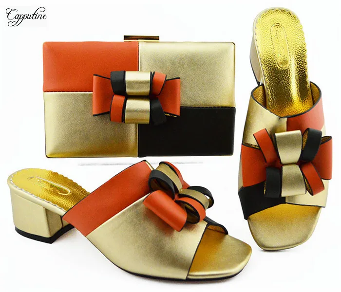 

Latest slip-on high heel evening party shoes and purse bag set MM1086 in gold , heel height 5.5cm