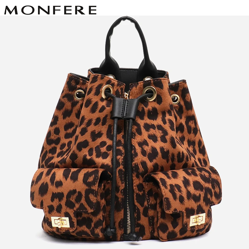 

CEZIRA New Designer Style Women Leopard Backpack Girl Fashion School Knapsack Holiday Travel Bag Drawstring Shoulder Backpacks