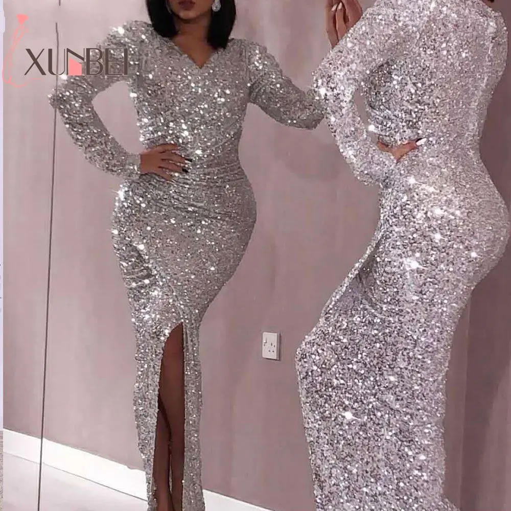 Robe de soiree сексуальный разрез v-образный вырез Русалка Серебряные вечерние платья с длинными рукавами Abiye вечернее платье Формальное вечернее платье