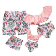 2019 Sandy Beach Family Matching Clothes Look Mommy and Me Swimwear Flounce Mother Daughter Bikini Swimsuits Dad Son Swim Shorts flounce swim dress set