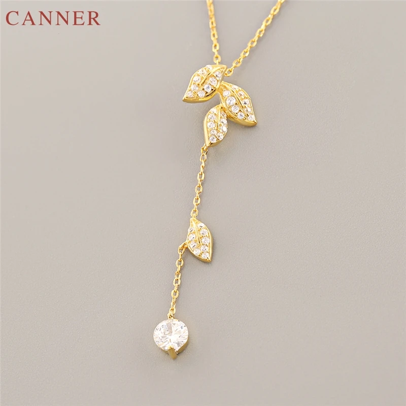 925 Sterling Silver Zircon Leaf Pendant Necklace Women collier femme Gold Chain Long Necklaces Jewelry Gifts collar mujer C40