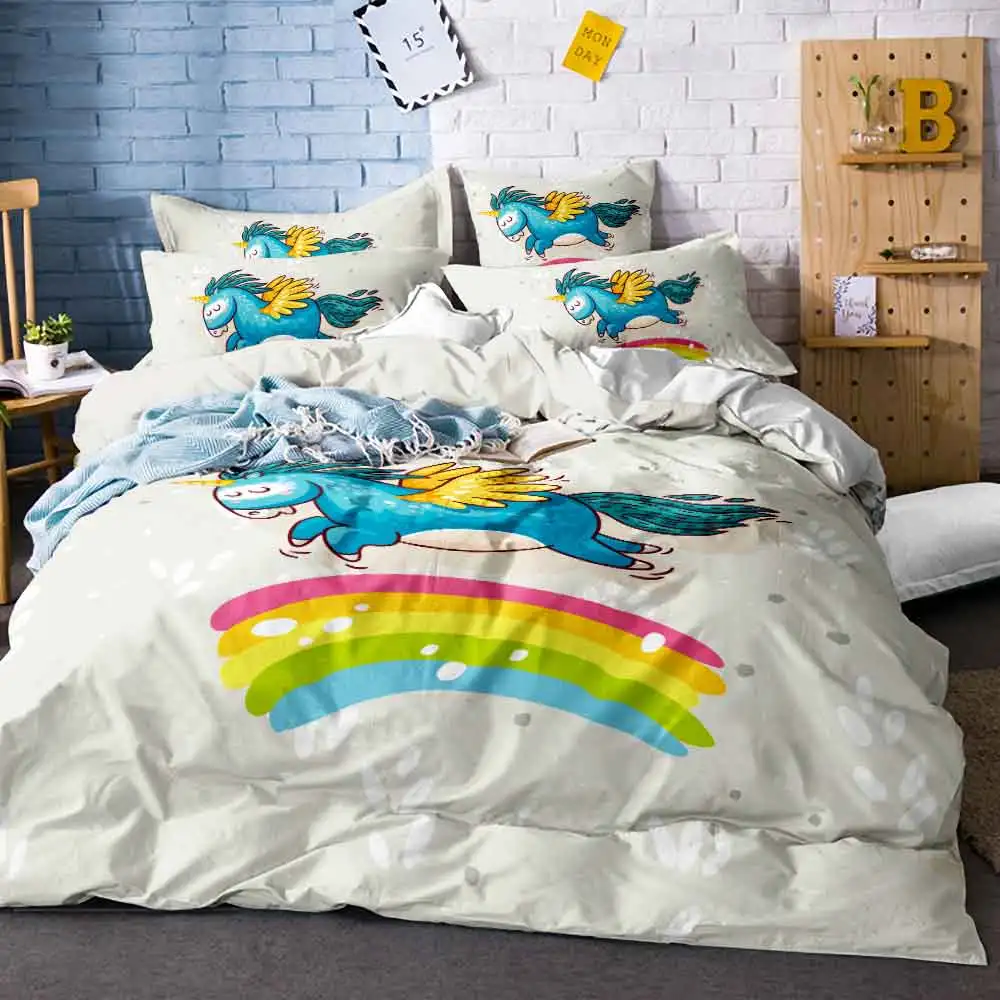 

Home Textiles Unicorn Bedding Set Cartoon Single Bed Duvet Cover Animal for Kids 3/4pcs Rainbow Bedclothes Cover Set E