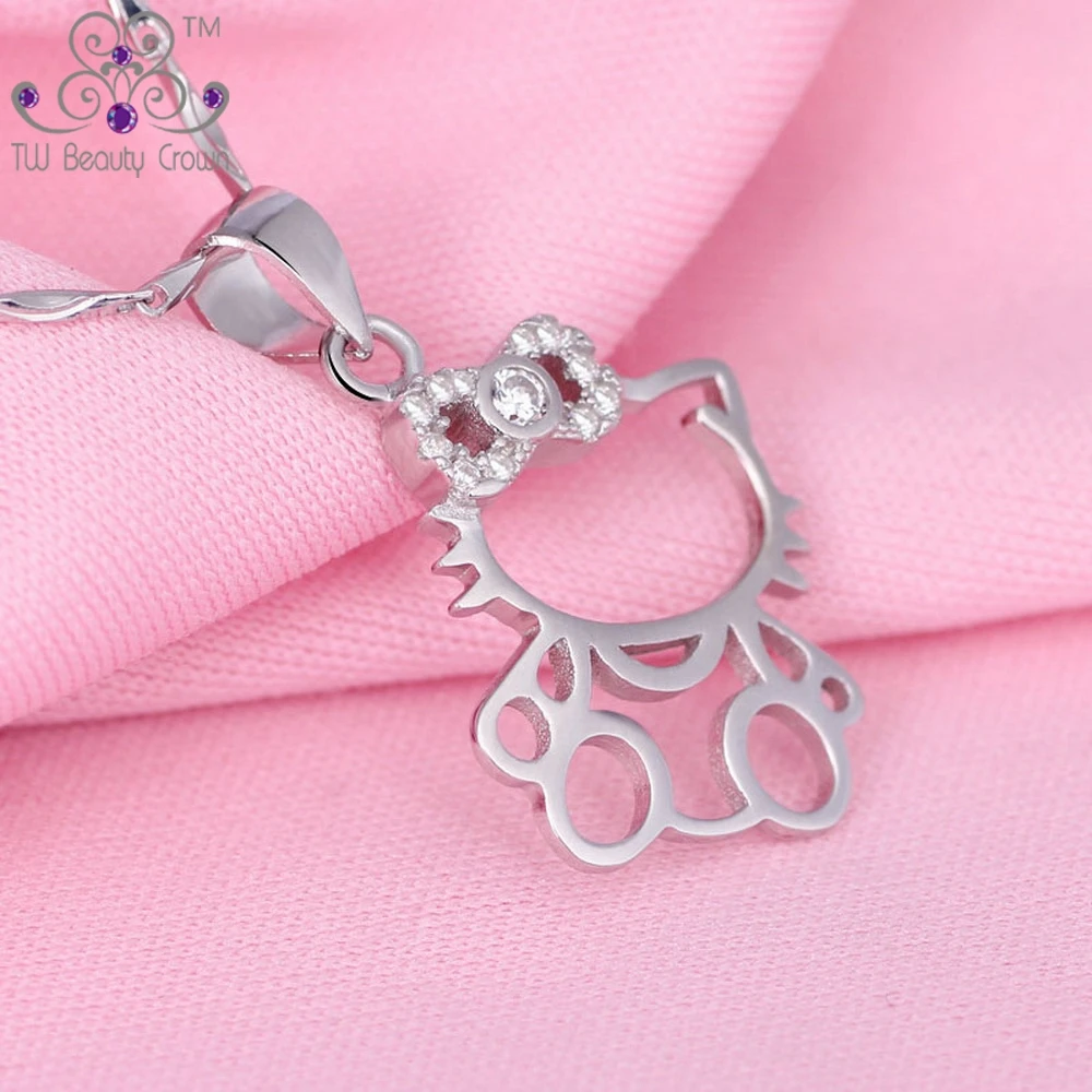 Серебро 925 пробы Микро-укладка белого цвета с украшением в виде кристаллов Милый рисунок «Hello Kitty» ожерелье с подвеской кошечка для юных Для женщин Подарки для девочек на день рождения