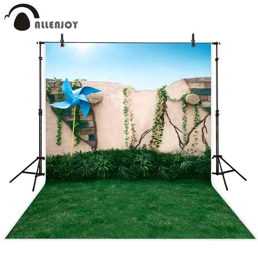 

Allenjoy spring garden photography backdrop Easter fence windmill vine grass background photocall photo studio photophone