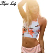 

Rhyme Lady bikini women swimwear high waist girl bathing suit expose shoulder halter strap swimsuit print stripe biquini