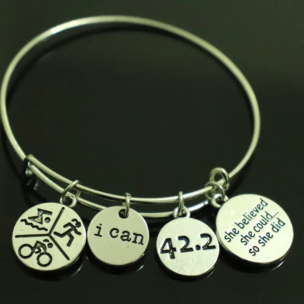 

Hot triathlon sport label pendant bracelet i can & 42.2 ancient silver pendant handcrafted adjustable wire bangle