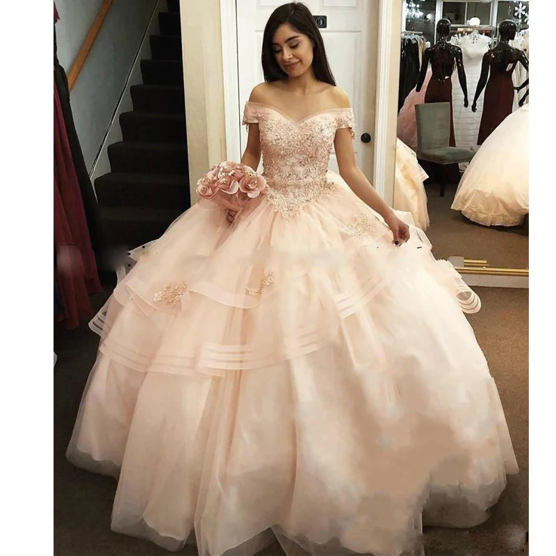 

Bead Ball Gowns Quinceanera Dresses Off The Shoulder Ruffle Tiered Puffy Prom Dresses Appliques Beading Prom Party Gowns 2019