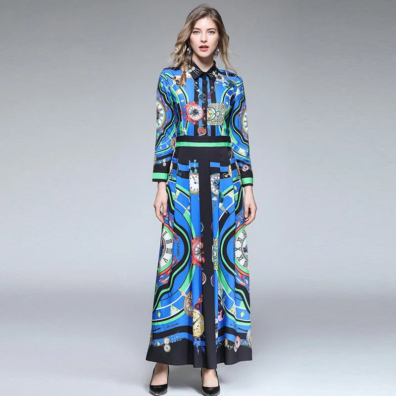 

European style elegant print long sleeve dresses New 2018 autumn runway print maxi dress Fashion women long dress D539