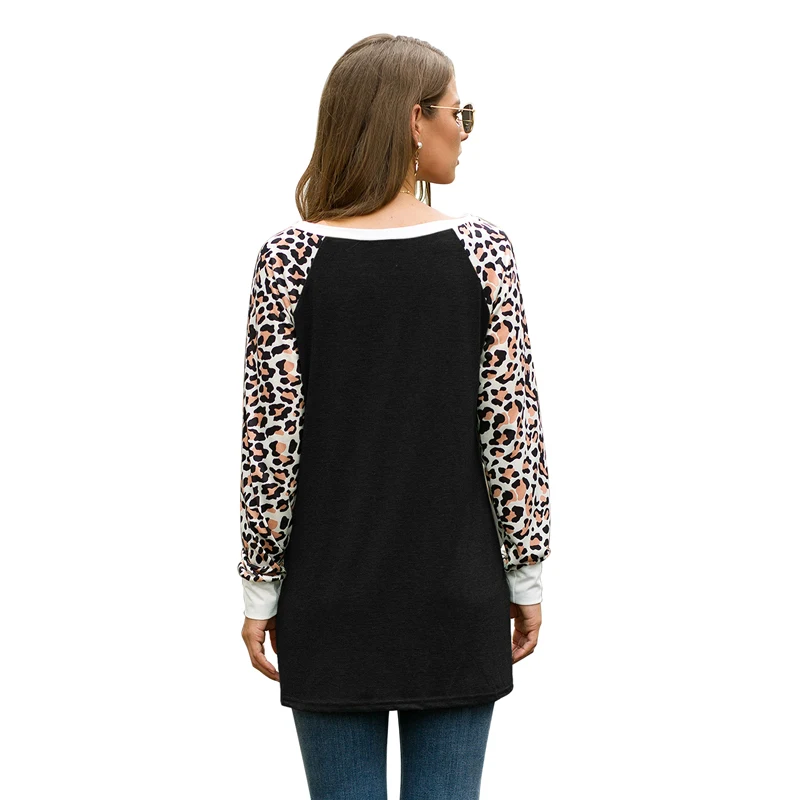 CINESSD Leopard Print Blouse Women Black O Neck Long Sleeve Pullover Casual Tops Knotted Tunic Loose 2019 Autumn Soft Tee Shirts