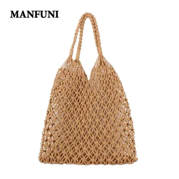

MANFUNI Straw Bag 2019 Summer Hollow Handbag for Women Fishing Net Woven Shoulder Bag Ladies Fashion Holiday Beach Bag