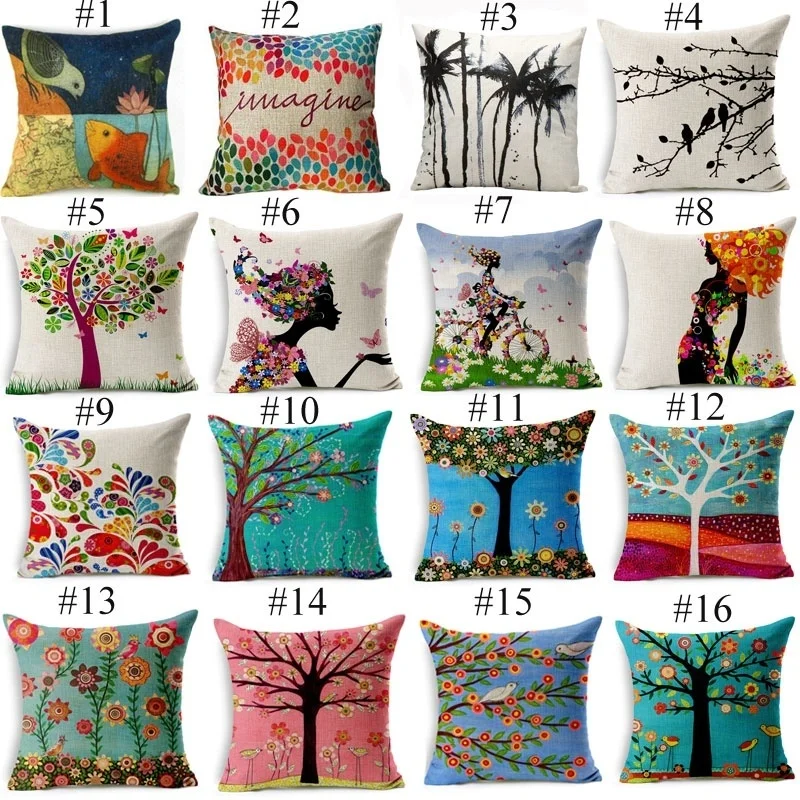 Cushion Cover Flower Pillow Case Cotton Linen Girl Floral Animal Tree
