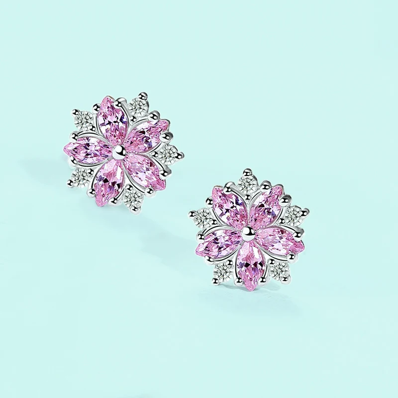 Shining Zircon 925 Sterling Silver Cherry Blossoms Flowers Stud Earrings Fine Jewelry For Women Sweet Romantic Engagement Gift  (2)