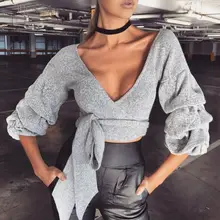 Сексуальное платье с v-образным воротом, T рубашки, Бабочка, туника подол тонкий футболки Для женщин серого цвета с эластичной резинкой пуловер-рубашка Женская Осень Топы для женская одежда