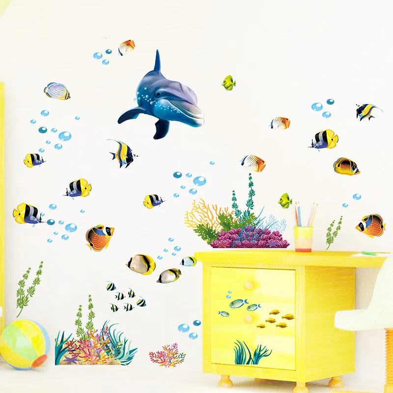 Cartoon Dolphin Bathroom Kitchen Decorative Wall Stickers Ocean Underwater Home Decor Window Sticker Fish Decals Mural Kids Room