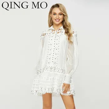 

QING MO Women Lace Patchwork Hollow Out Dress Women Stand Neck Lantern Sleeve Dress Women Sexy Above Knee Mini Dress ZQY891