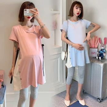 

Pregnant women summer dress 2019 fashion loose shirt stitching T-shirt maternity dress Korean fashion pregnancy skirt