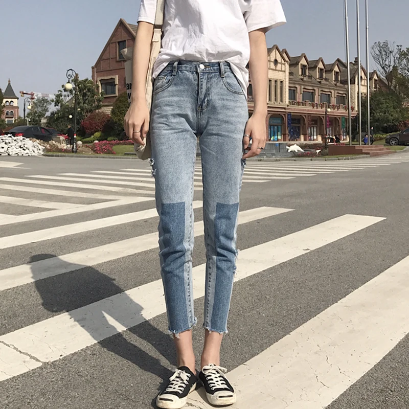 

Spring women's Korean version of panelled side cut hole high waist ankle-length pants jeans pencil pants feet pants trousers
