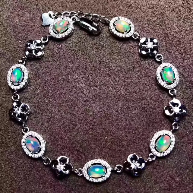 Natural Multicolor Opal Gem Bracelet Gemstone Elegant Lucky Natural Multicolor Opal Gem Bracelet Gemstone Elegant Lucky Clover Round 925 Silver Party