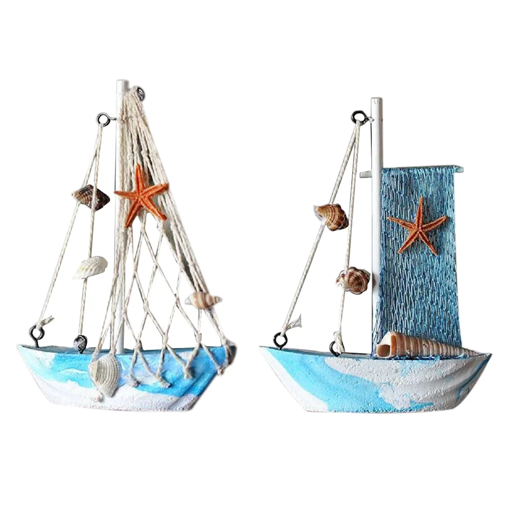 2pcs Home Decorative Wooden Sailboat Model Handmade Vintage Nautical Decor Sailing Boat Decoration Wooden Display Sailboat