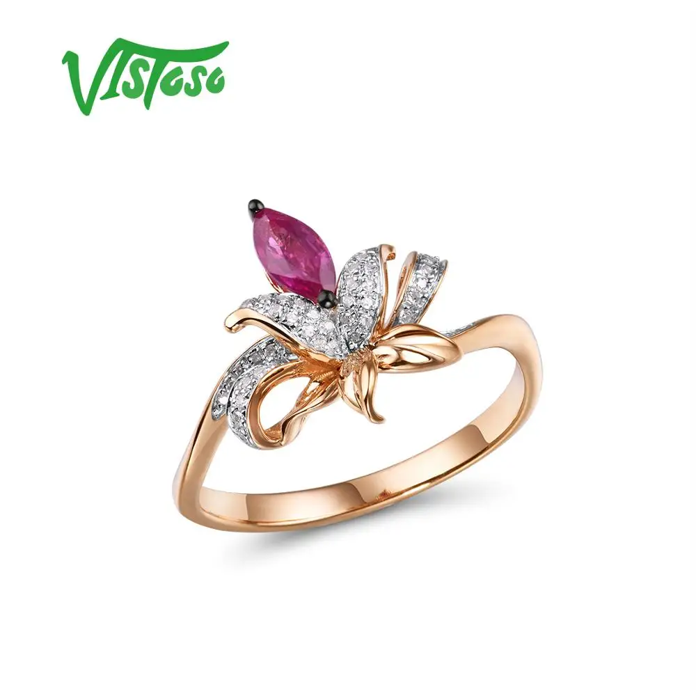 

VISTOSO Genuine 14K585 Rose Gold Fancy Ruby Shiny Diamond Ring For Lady Wedding Engagement Anniverary Trendy Luxury Fine Jewelry
