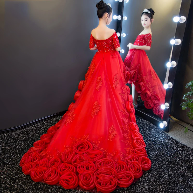 

Luxury Red Long Trailing Flower Girl Dresses for Wedding Ball Gown Shoulderless Sequined Floral Kids Pageant Dress Party Gowns
