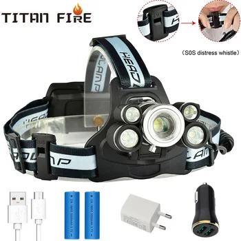 

T20 Headlamp Rechargeable High Lumen Zoomable LED Headlight Flashlight Outdoor Waterproof Emergency Lamp with SOS Whistle Camp