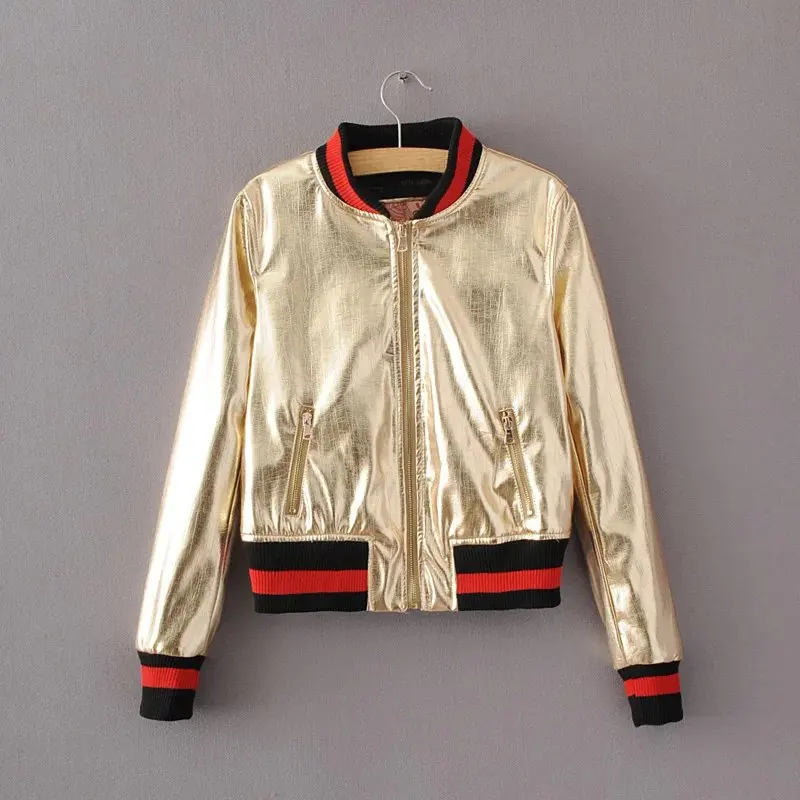 بو الجلود 2017 الإناث سترة معدنية فضية قصيرة معطف أزياء جديدة سليم المرأة معاطف الخريف الشتاء الملابس أبلى الساخن 6