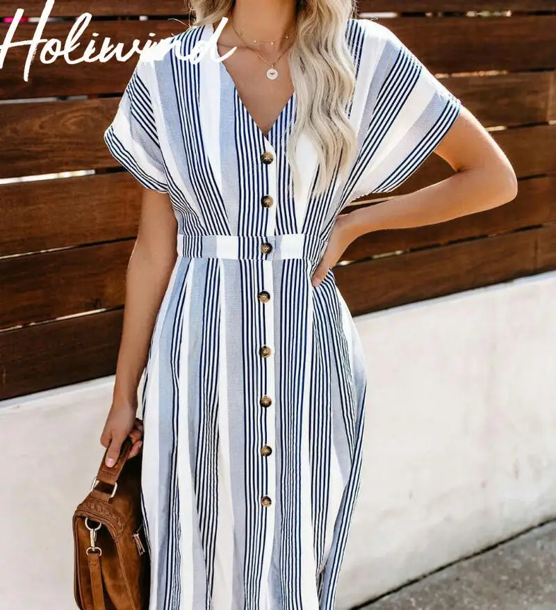

Women Summer Striped Shirt Dress Causal Batwing Sleeves Long Dress V-neck Short Sleeves Vintage Dress