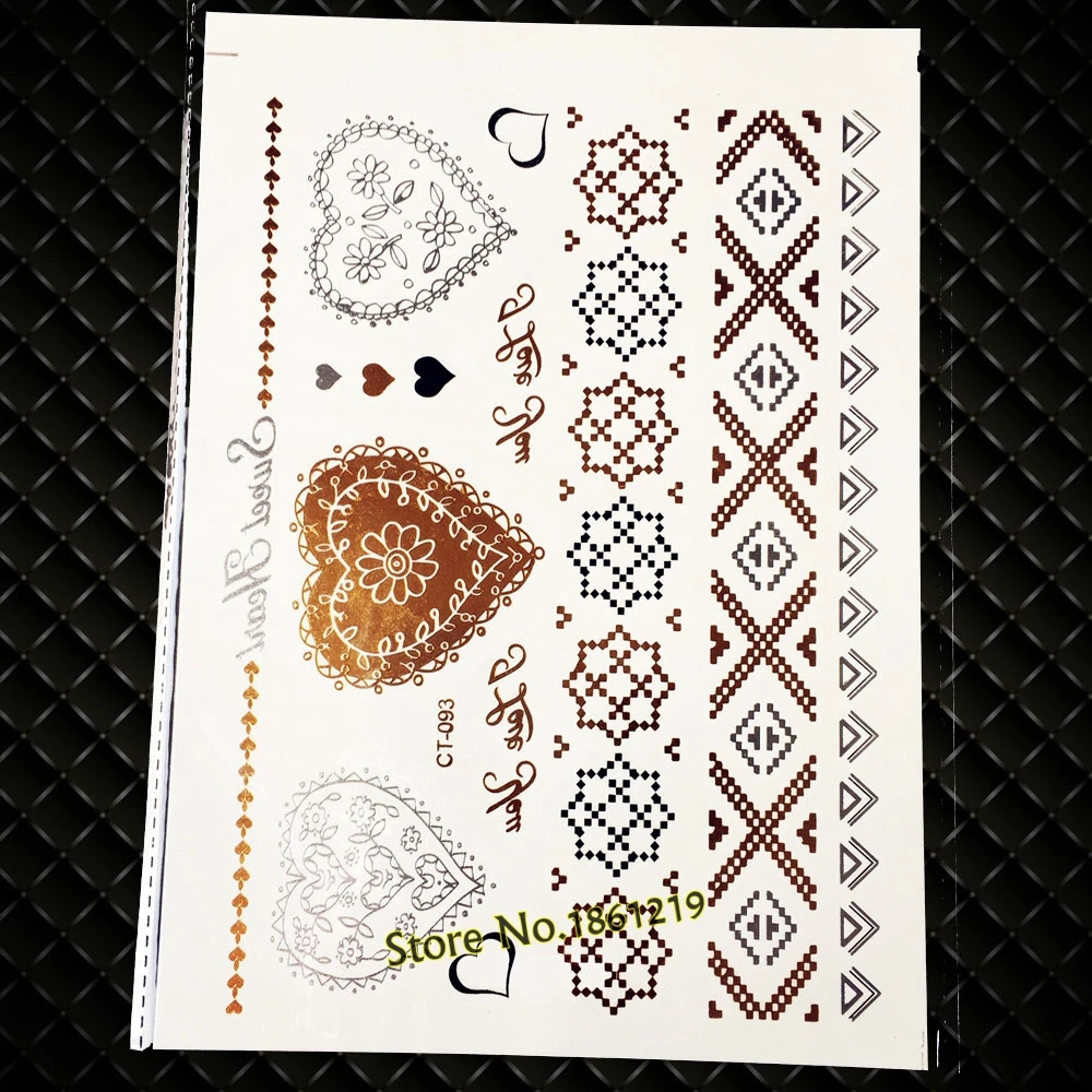 

New Gold Silver Metallic Tattoos Arm Leg Shoulder Makeup Body Art Flash Temporary Tattoo Stickers GCT93 Lace Love Heart Bracelet