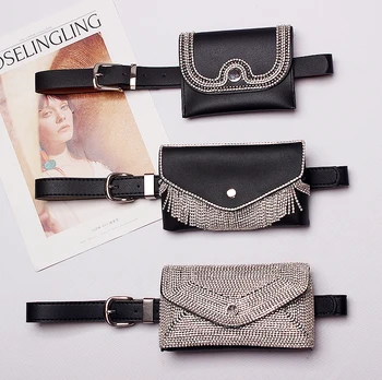 

New Glitter Full Diamond Waist Bag Fashion Dark Buckle Pu Leather Belt Pockets Belt Ladies Dual-use Three Optional Tide Bag 729