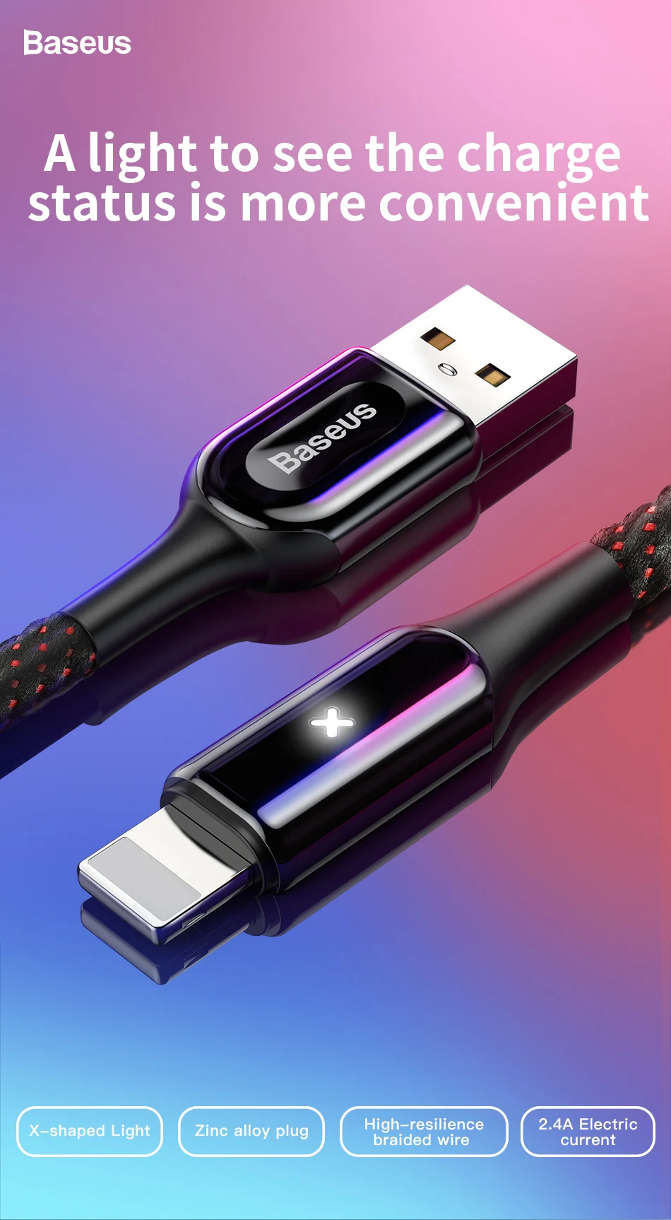 Baseus USB кабель для iPhone XR XS Max 2.4A Быстрая зарядка USB зарядный кабель светодиодный светильник USB кабель для передачи данных для iPhone 8Plus 7 шнур для передачи данных