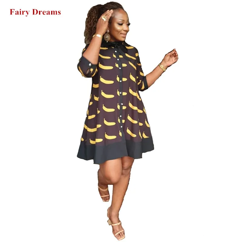 

African Shirt Dresses For Women Print Brown African Clothes Dashiki Ankara Loose Cute Dress Ropa Dama Ladies African Clothing