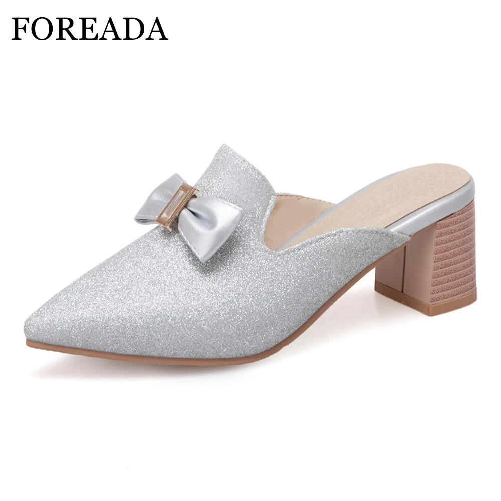 

FOREADA High Heels Women Pumps Bow Thick High Heels Mules Shoes Glitter Pointed Toe Female Slippers Spring Gold Large Size 33-46