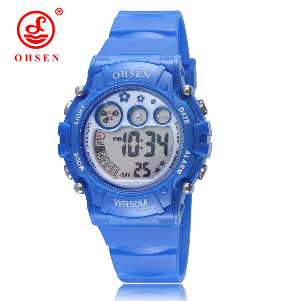 OHSEN, женские спортивные часы, пластиковый ремешок, 50 м, Diver, светодиодный, цифровые наручные часы, желеобразный цвет, водонепроницаемые часы для женщин - Цвет: Синий