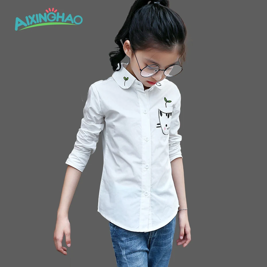 Aixinghao Girls White Blouses Cute Cat Full Sleeve Shirts For Girls School Uniform Fashion Kids Shirts