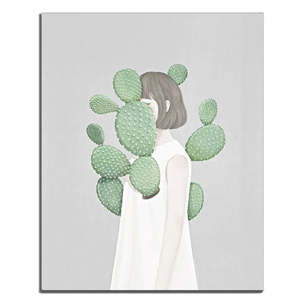 

Green Cactus Girl Abstract Canvas Decorative Wall Artwork For Home Living Room Bedroom Office Decoration No Frame