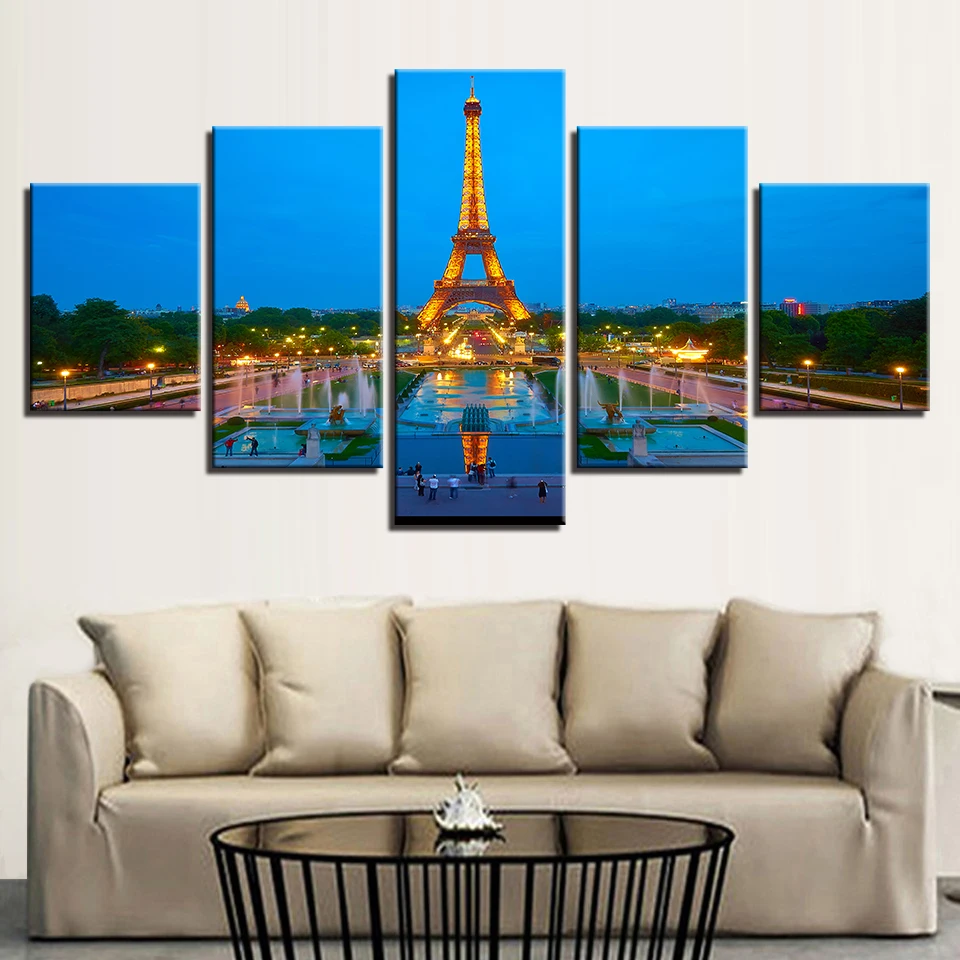 

Wall Art Canvas Paintings Living Room Decor 5 Pieces Paris Eiffel Tower Pictures HD Prints Dusk Night Landscape Poster Framework