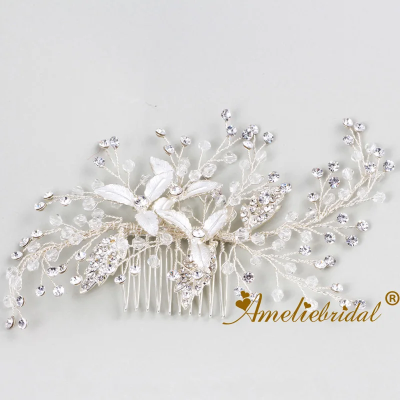 Women Hair Ornaments Rhinestone Enamel Leaf Bridal Headpiece Wedding