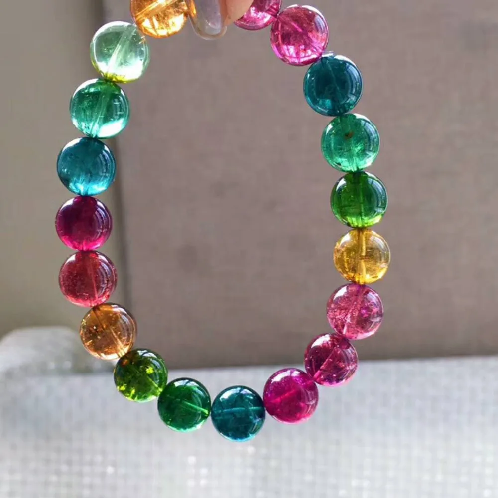 

Genuine Natural Colorful Tourmaline Stone Clear Round Beads Stretch Women Rare Bracelet AAAAAA 10mm