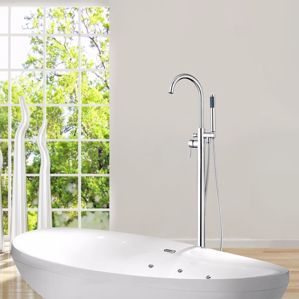 Floor Mount Shower Ser Single Handle Chrome Soild Brass Body Rain Hand Spray Shower Hose Bathtub