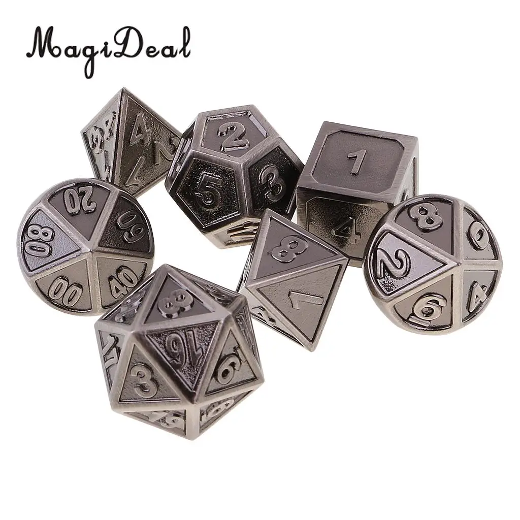 MagiDeal High Qaulity Zinc Alloy Multi Sided Dices 7 Dice Set For D&D DND MTG RPG Gaming Home Birthday Party Games Supplies
