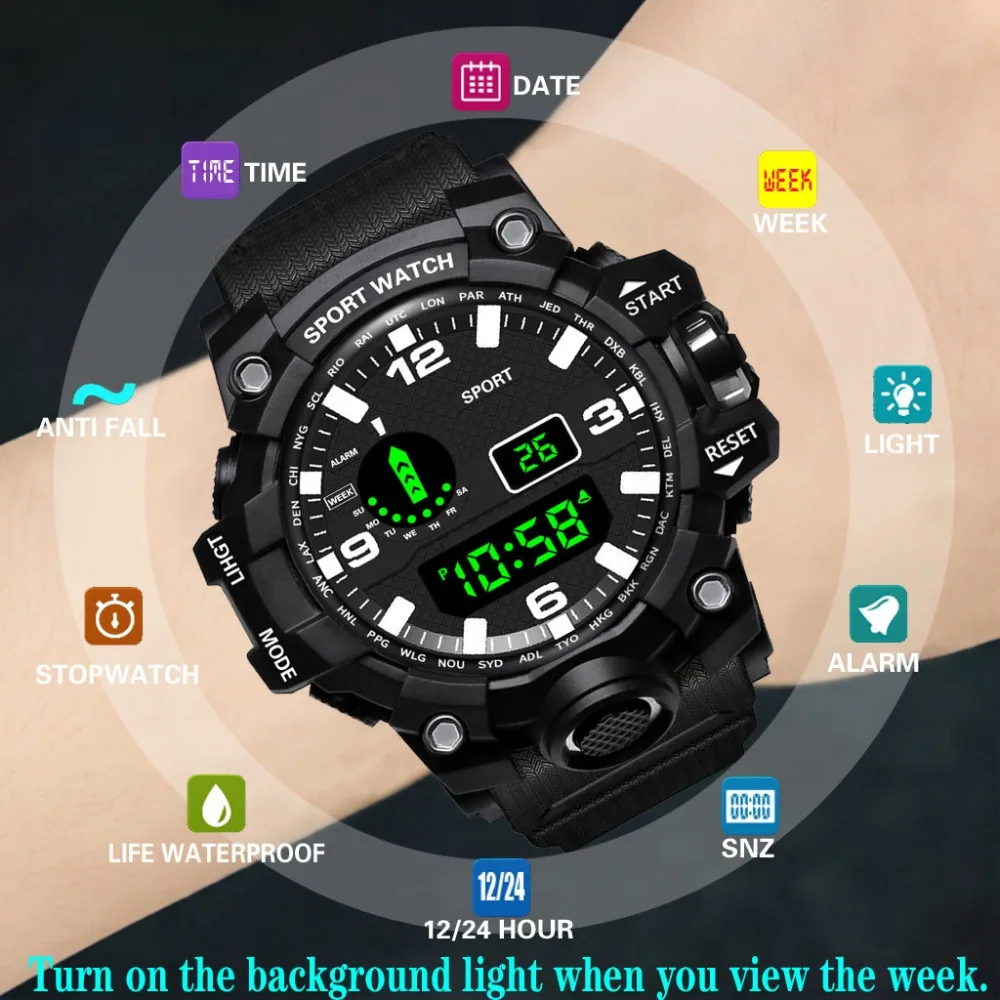 Мужские спортивные часы модные Мультифункциональные военные спортивные часы светодиодный цифровой двойной ход Мужские t наручные часы Горячая подарок D4